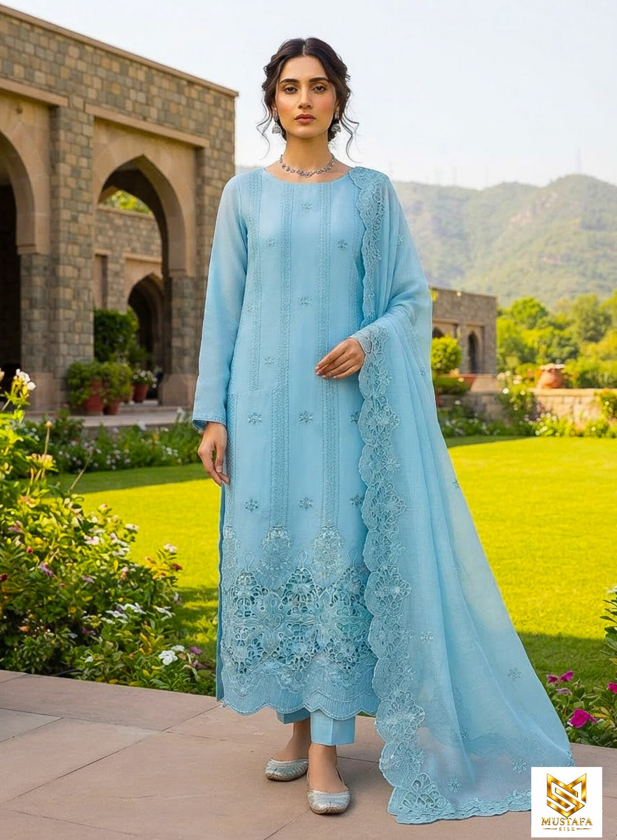MS-10115 Luxury Pure Bamber Chiffon | Embroidered Shirt & Dupatta