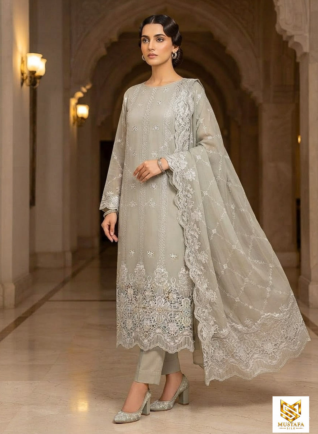 MS-10118 Luxury Pure Bamber Chiffon | Embroidered Shirt & Dupatta