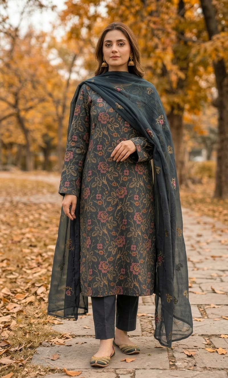 MS-10143 Original Pure Swiss Karandi Embroidered Complete 3Pc Suit