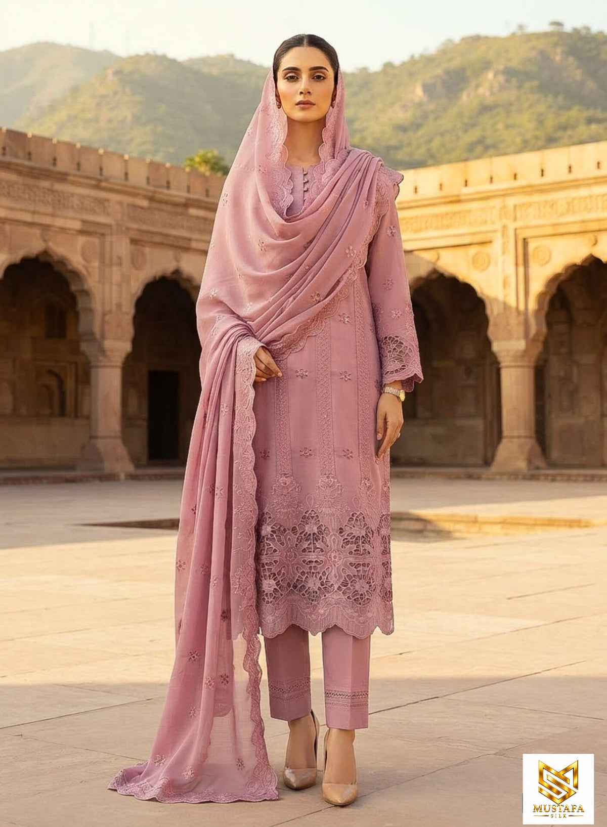MS-10113 Luxury Pure Bamber Chiffon | Embroidered Shirt & Dupatta